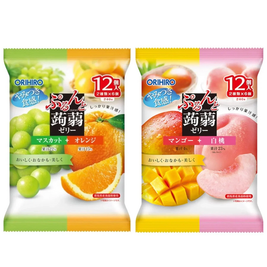 めちゃめちゃ果物感！オリヒロ ぷるんと蒟蒻ゼリー マスカット＋オレンジ 12個 / マンゴー＋白桃 12個 こんにゃくゼリー ゼリー 蒟蒻(食品MO/MH)※