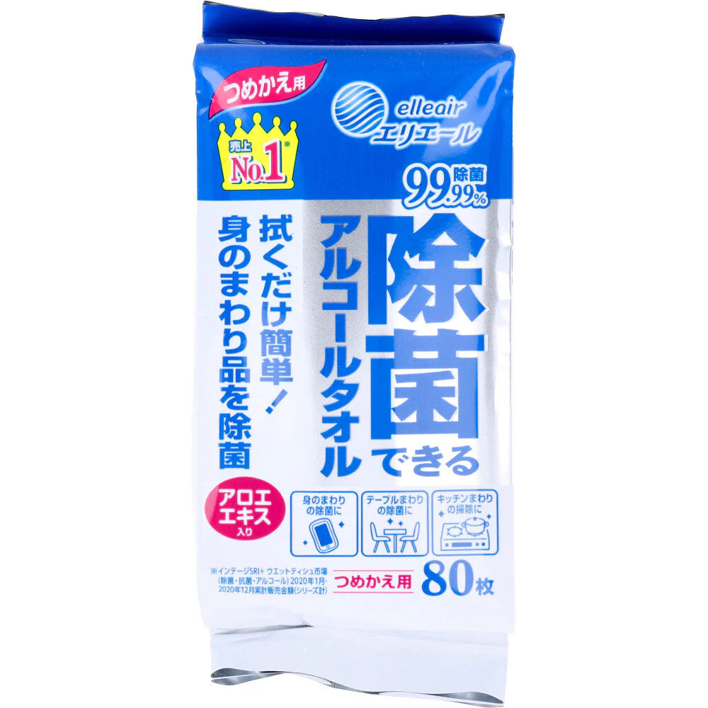 除菌ウエットティッシュ エリエール 除菌できるアルコールタオル アロエエキス入 つめかえ用 80枚入りＸ10個