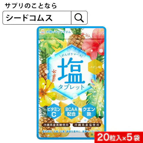 がんばりマース　塩タブレット　パイン味（1袋20粒入り×5セット）　ビタミンC　BCAA　クエン酸　沖縄県産黒糖　沖縄県産塩　ロイシン　バリン　イソロイシン　クエン酸