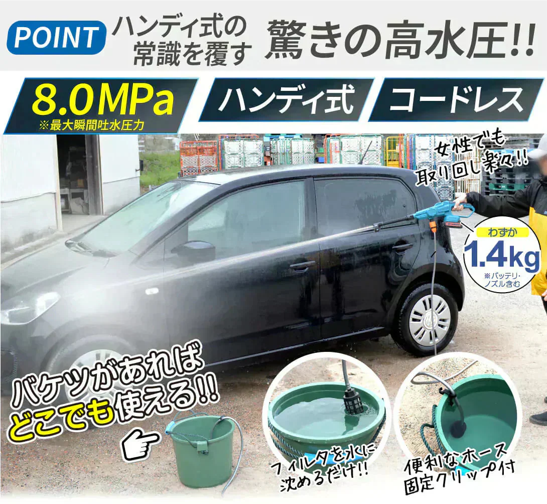 強力ハンディ高圧洗浄機BL　バッテリ1個・充電器付 高圧洗浄機 充電式 6in1 21V マキタバッテリ互換 専用ケース付 ブラシレス 洗車 掃除 ベランダ バケツ