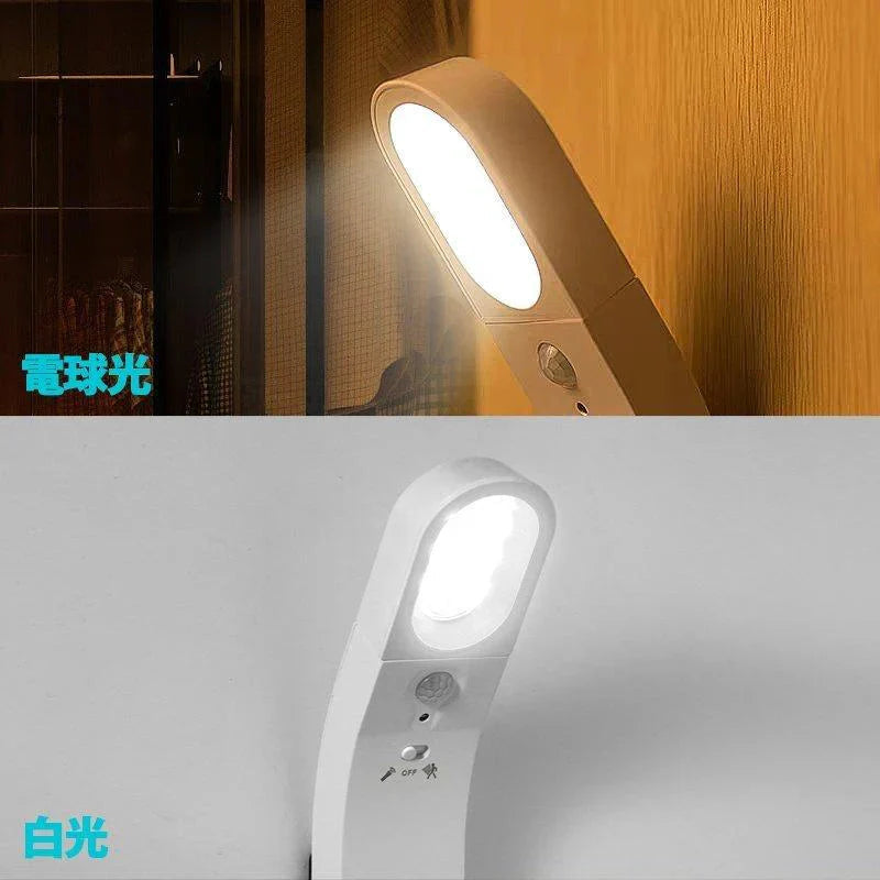 当日発送 LED人感センサーライト USB充電式 調整可能 明暗センサー 省エネ 両面テープ 階段 台所の手元灯クロゼット 寝室 玄関 洗面所 車庫 物置 廊下 w008C(本体:白,ライト:電球色)