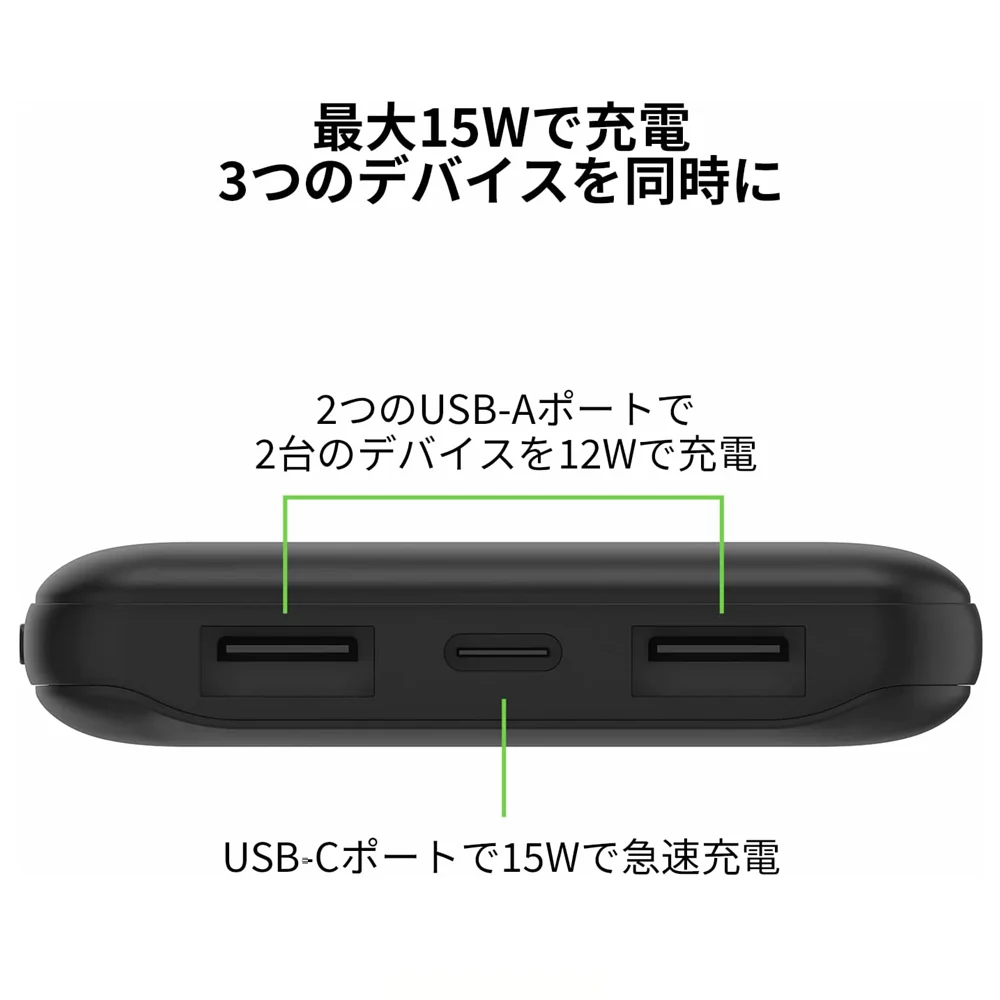 【 大容量10000mAh 送料無料】モバイルバッテリー ベルキン Belkin 大容量10000mAh iPhone&Android対応 最大15W 最大40時間 3台同時充電 3ポート(USB-C x 1 USB-A x 2) スリム&軽量