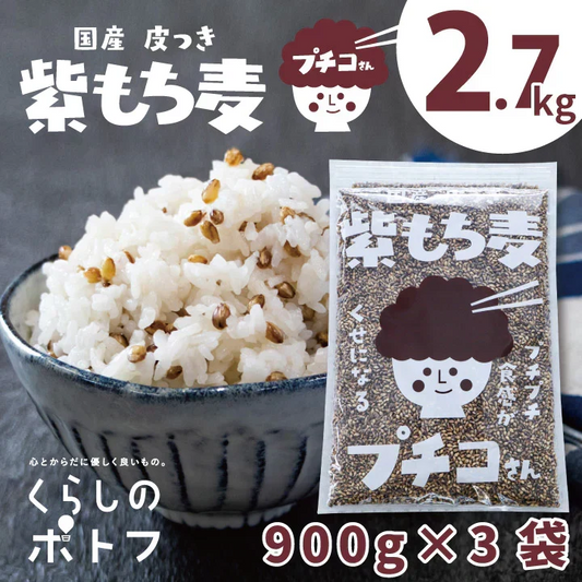 国産 皮つき 紫 もち麦 プチコさん 2.7kg（900g3袋） ダイシモチ アントシアニン 腸内環境 食物繊維