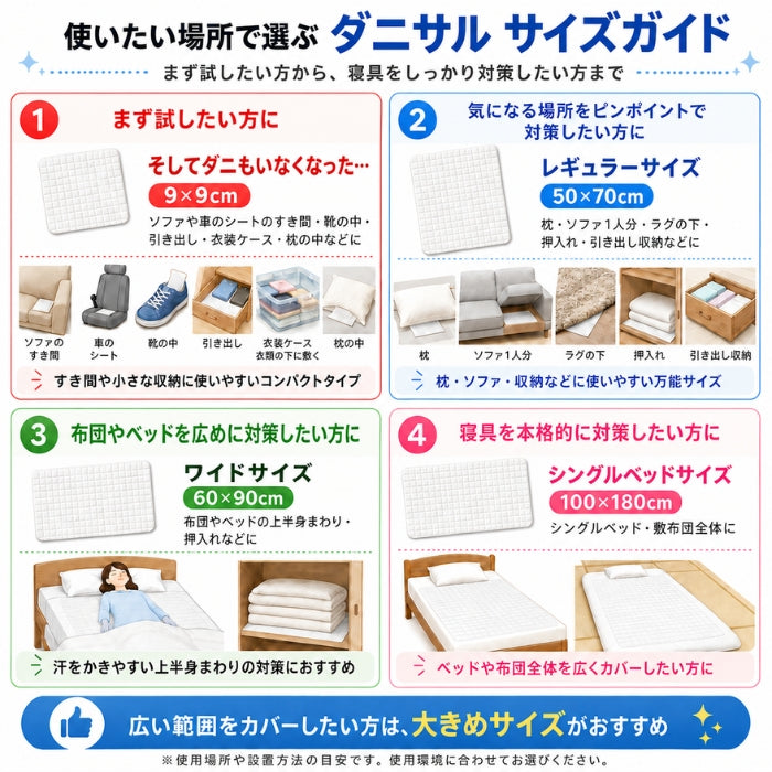 【送料無料】ダニサルWパワーシート　ワイドサイズ　ダニ対策　メーカー直販　駆除　絶滅　退治　ダニ取り　ダニ捕り　捕獲シート　ダニよけ　寝具　布団　ベッド　押し入れ　タンス　ソファー　ヌイグルミ　カーペット　枕　マットレス　ペット　無臭
