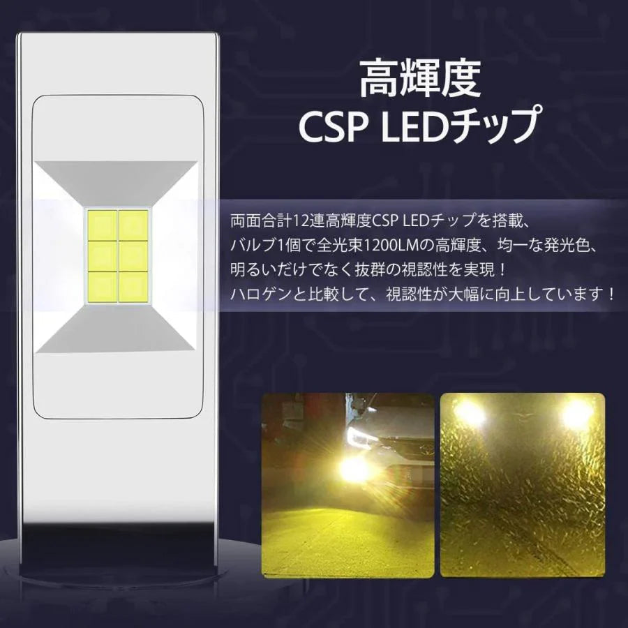 LEDフォグランプ H3 6000k-ポーペ 60W 1200LM 12V/24V兼用 無極性 CSPチップ搭載 両面発光 ホワイト 高輝度 2本セット w221B(イエロー)