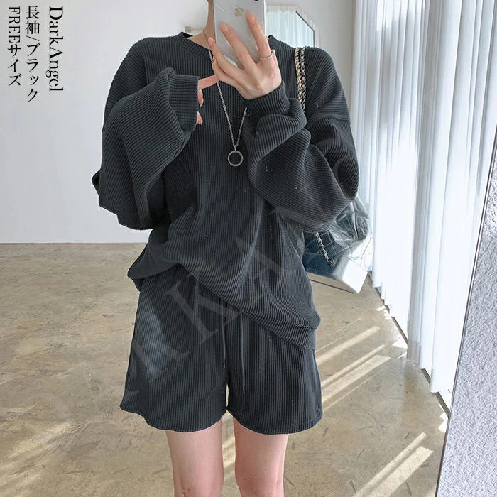 凸凹ワッフル編みルームウェアセットアップ（長袖タイプ/FREE/ブラック）