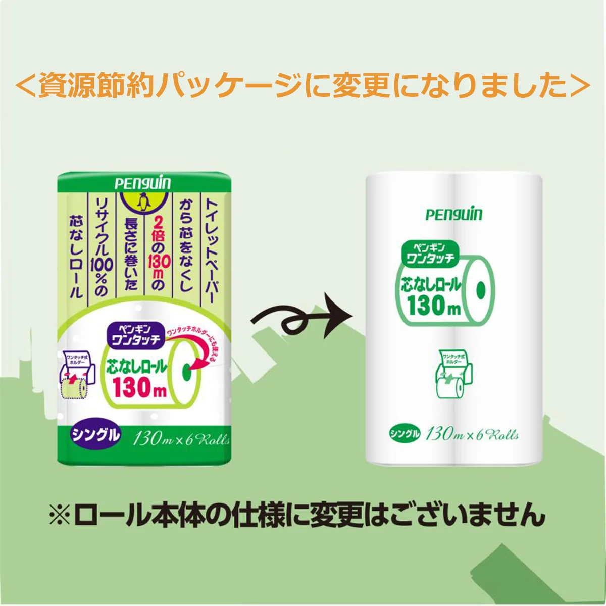 6ロールＸ8パック トイレットペーパー 丸富製紙 ペンギン ワンタッチ芯なし シングル130m