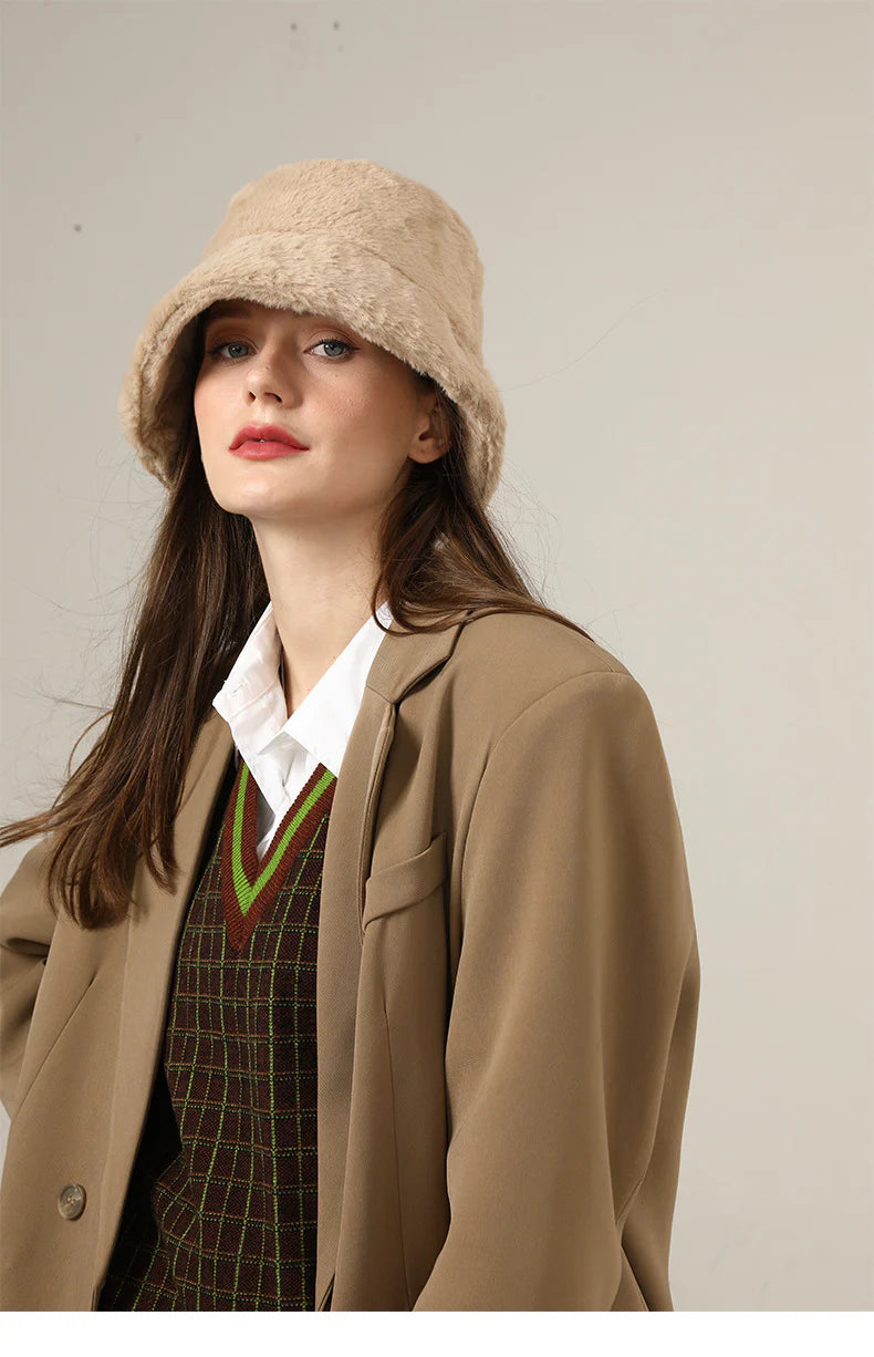 (ブラウン) 帽子 レディース ファー 秋 冬 深め バケットハット ハット 折たたみ もこもこ 暖かい 厚手 ファーハット 2024 サイズ調整 無地 女性