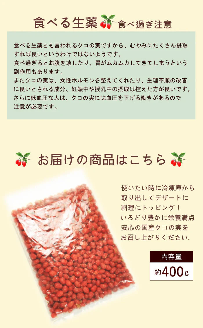 国産　冷凍　クコの実　約400g　スープ、料理、デザートに希少な国産コジベリー