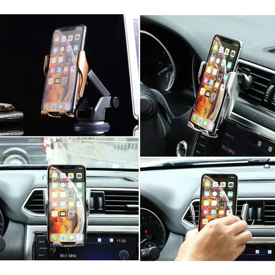 即納商品 シルバー車載Qi ワイヤレス充電器 車載 ホルダー 赤外線センサーによる自動開閉 エアコン吹き出し口用 360度回転4.7インチ-6.5インチスマホ適用 モバイル 急速(w098B シルバー)