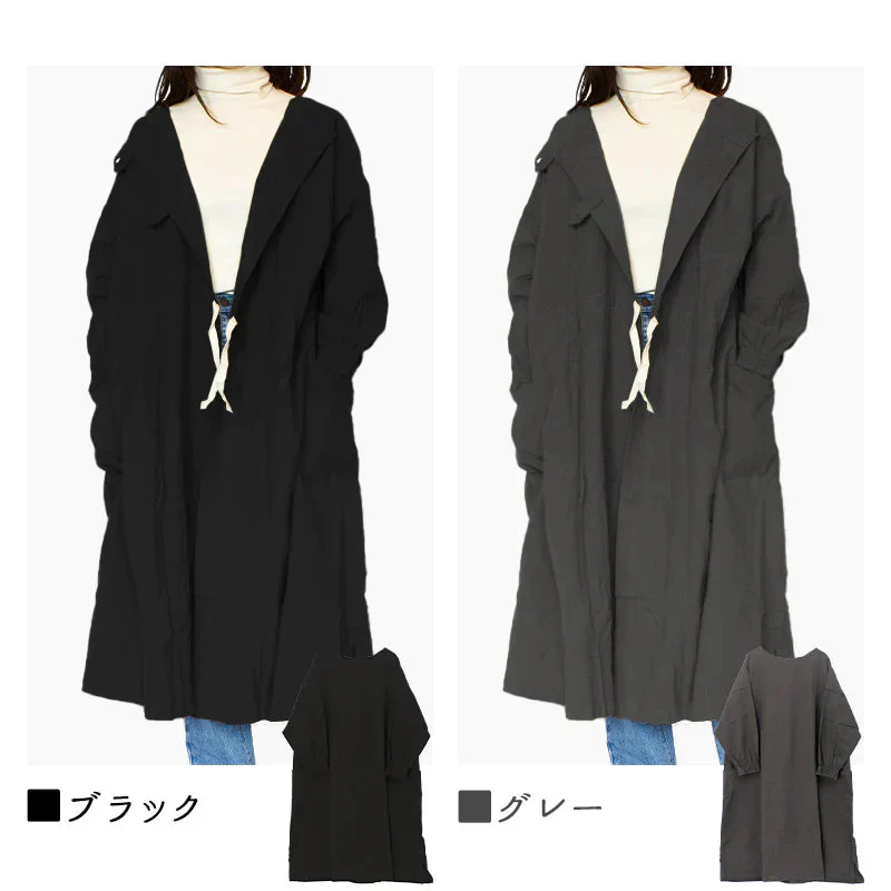 【ブラック】割烹着 2way エプロン あったか 暖かい 無地 可愛い おしゃれ ロング丈 前開き かっぽう着 ガウン 大きいサイズ 羽織り 長袖 大人 保育士 コットン 綿100%