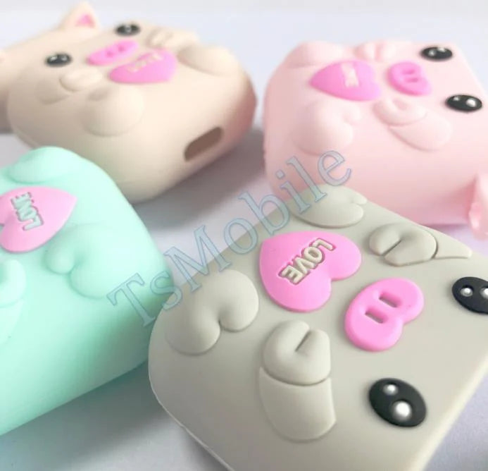 airpods1/2 グレー ピッグキャラクター 可愛い豚 エアーポッズ カバー シリコンエアポッツ 1/2 ケース かわいい キズ防止 耐衝撃 保護 紛失防止 4色カラビナ付き