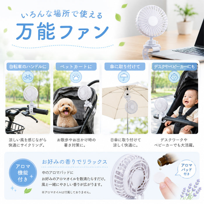 【ホワイト】ベビーカー 自転車 扇風機 巻き付け 小型 おしゃれ 軽量 usb サイクリングファン