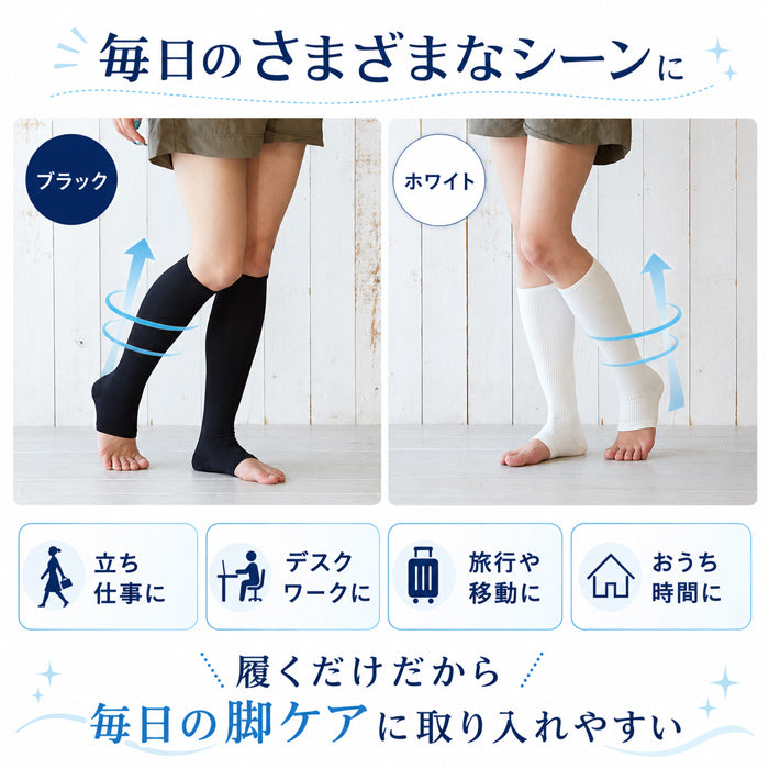 【ホワイトＭLサイズ】脚の疲れ、むくみに！着圧ソックス オープントゥ レディース むくみとり 春夏 夏用 ハイソックス 寝る時 ブラック ホワイト / 国産スリムビューティ ノンつま先タイプ