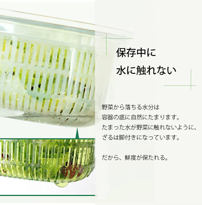 【グリーン レギュラー】ザル付き保存容器 ベジマジシリーズ あらう 野菜保存容器 冷蔵庫 水切り 洗う ザル ボウル セット 蓋付き おしゃれ