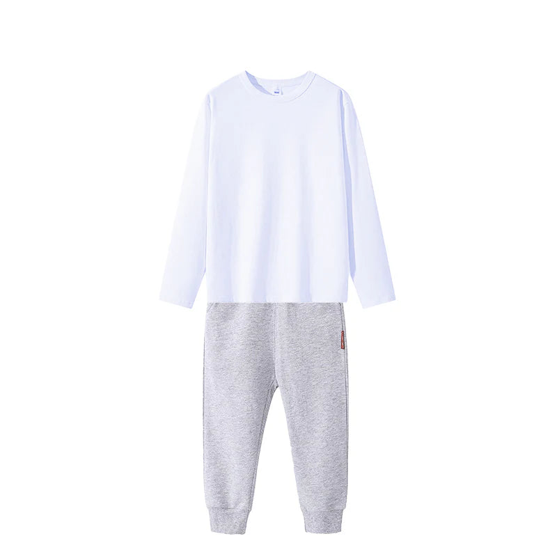 2点セット グレー 140cm Tシャツ長袖 白 1枚 と スウェットズボン1枚 体育 体操服 子供 キッズ パンツ 秋 春 冬 通気性 運動会 イベント 男女兼用 90 100 110 120 130 140 150