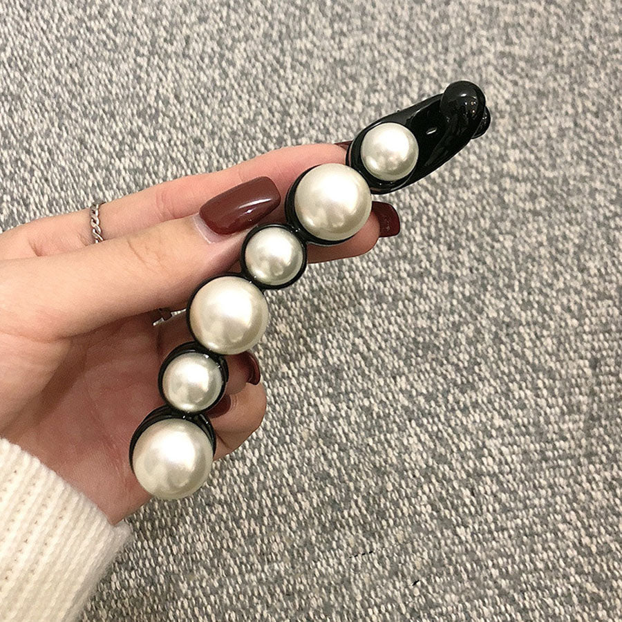 (ブラック)バナナクリップ ヘアクリップ 大きめ パール ヘアアクセサリー 髪留め 結婚式 パーティ シンプル 大人かわいい