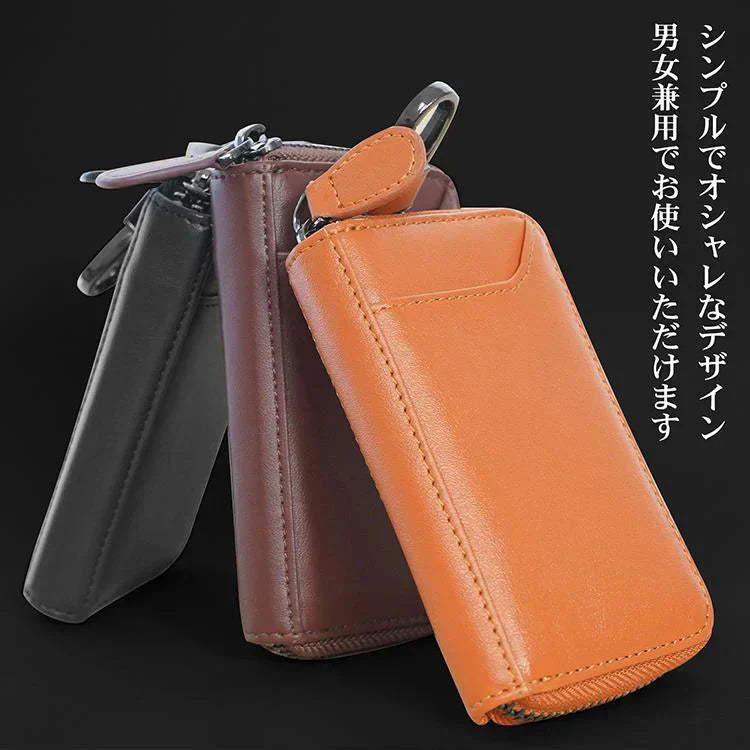 キーケース 「ブラック」 レーディス メンズ スマートキー 革 多機能 薄型 コンパクト カードケース 車鍵 名刺入れ おしゃれ カラビナフック付き ギフト 6連リング プレゼント sg209
