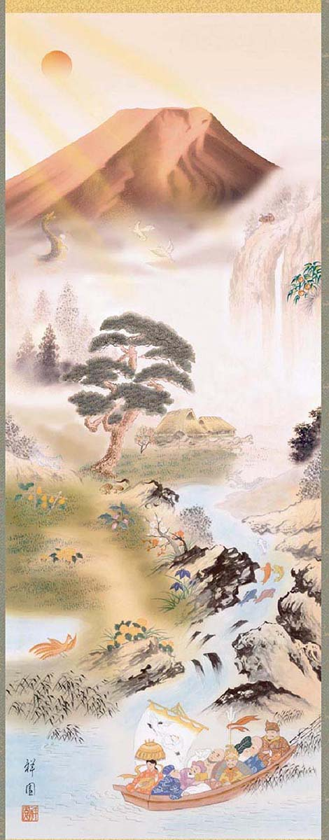 開運掛軸 【開運万全図】 山本祥園筆 [ 収納箱 品質保証付き 開運掛軸 縁起 ご利益 七福神 九頭馬 松竹梅 10年保証 受注生産 床の間 和風 掛け軸 日本製 名画 縁起物 プレゼント 画寸 送料無料 ]
