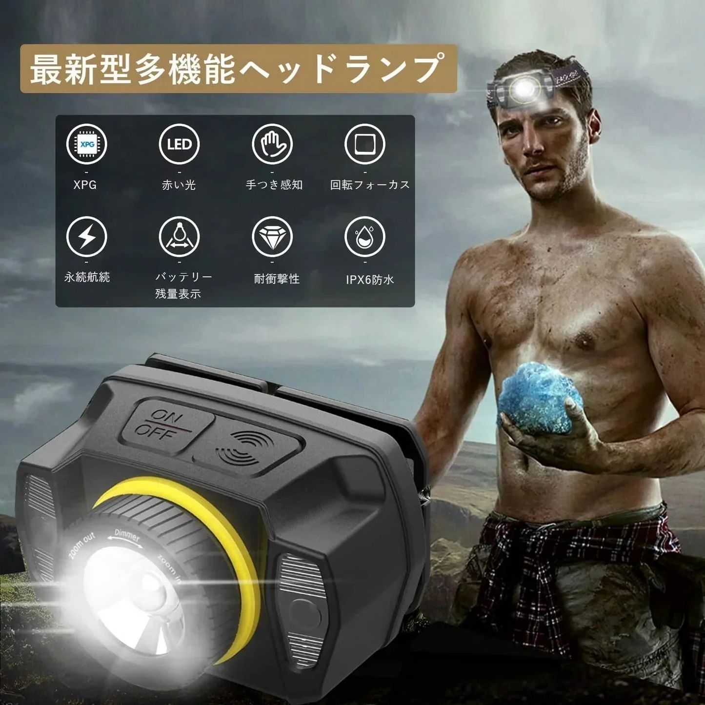 ヘッドライト USB充電式 LEDライト 超軽量 超高輝度 明るい ヘッドらいと センサー機能 ズームレンズ 5種点灯モード SOS点滅 防水防塵 角度調整可 超強力ヘッドライト ヘルメット 釣り ライト 登山/作業用/ランニング/キャンプ/防災/停電に最適