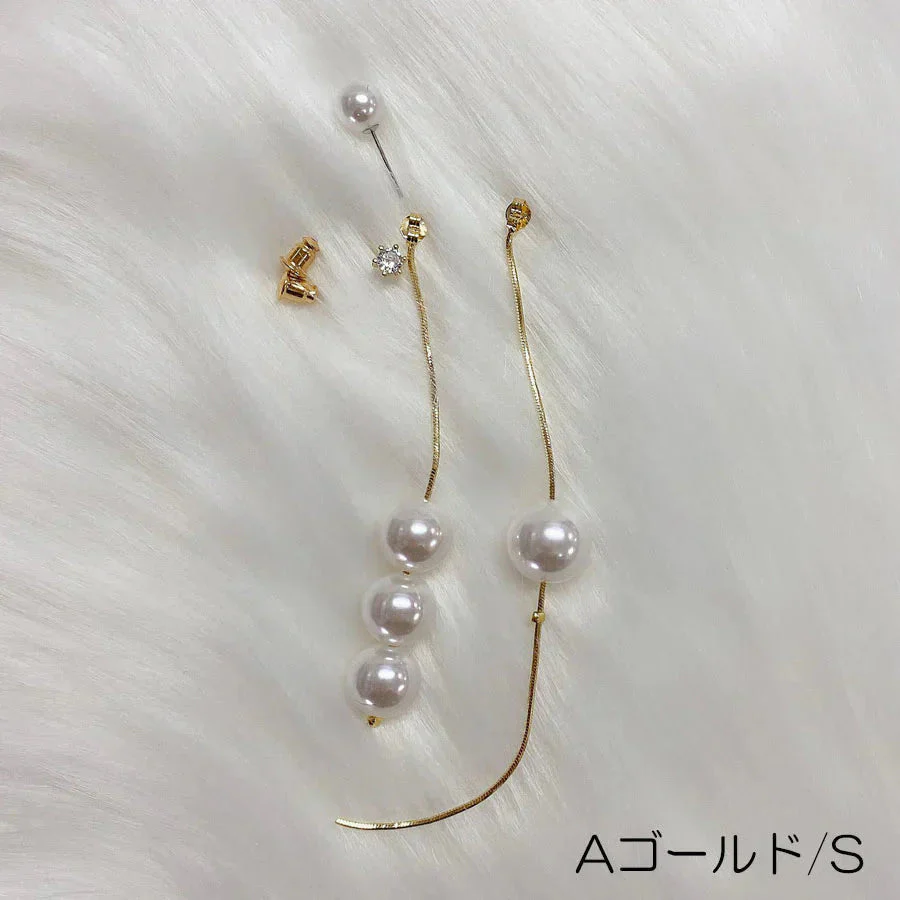 (Aゴールド*S)ピアス パール ロング 揺れる 2way パールピアス アシンメトリー ロングピアス 大ぶりイヤリング左右非対称 かわいい