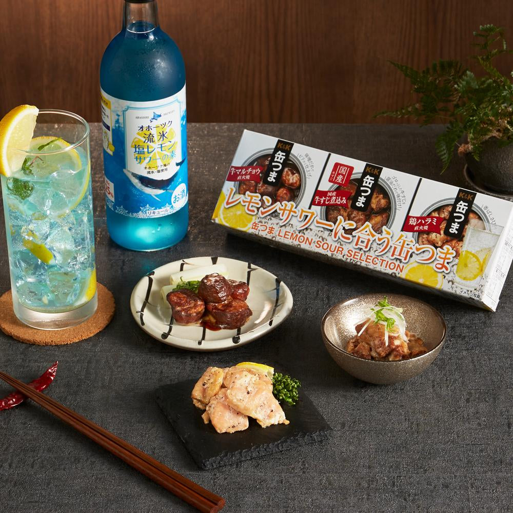 青い塩レモンサワーの素500mlとレモンサワーに合う贅沢缶つま3缶セット