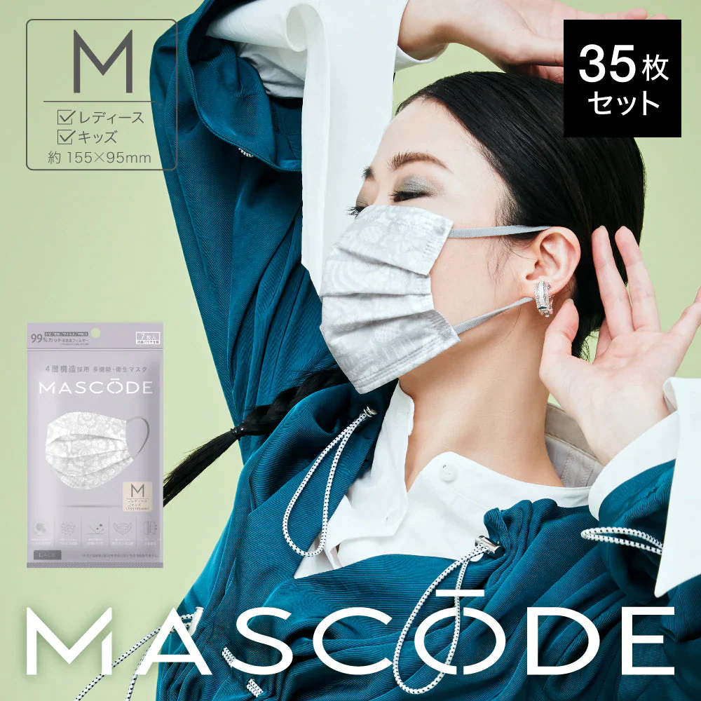 【M／レースグレー】MASCODE プリーツ マスク 5袋35枚 セット マスコード 不織布 女性 レディース レース 白