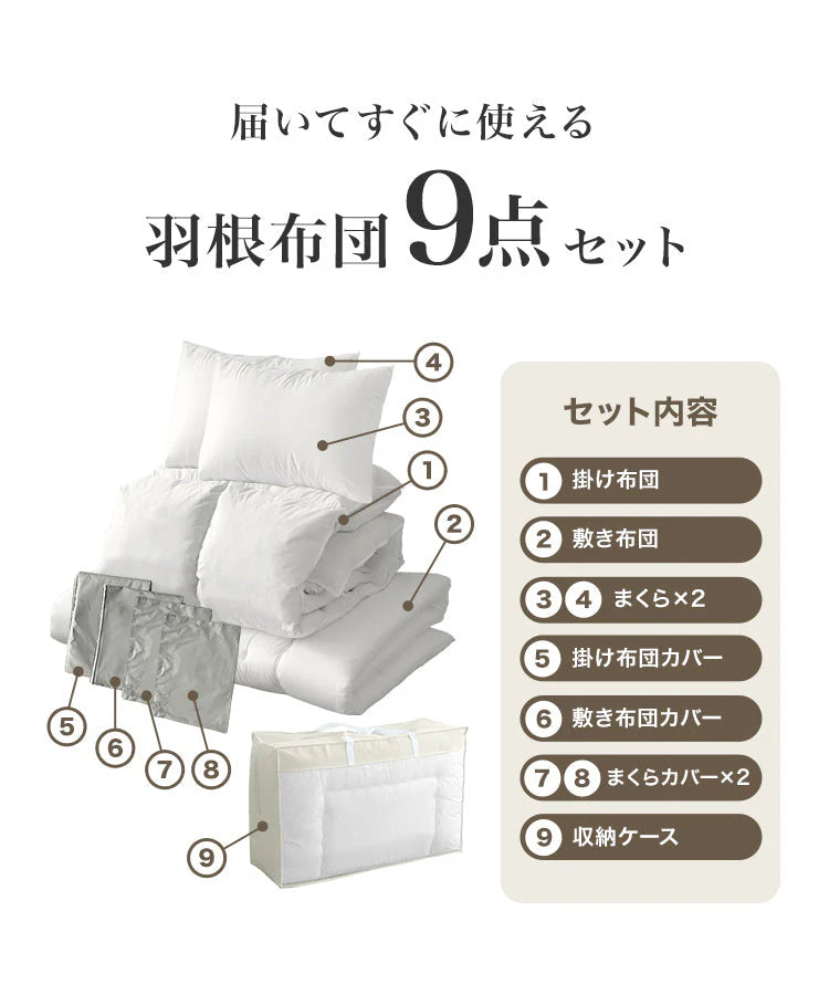【ダブル】【ネイビー】布団セット シングル セミダブル ダブル 9点 7点 カバー付き 固綿入 洗える 布団 布団セット 来客用 コンパクト 羽根布団 抗菌防臭 防カビ ふとんセット 羽根布団セット 羽根掛け布団 敷布団 掛け布団 敷き布団 洗える布団 寝具セット