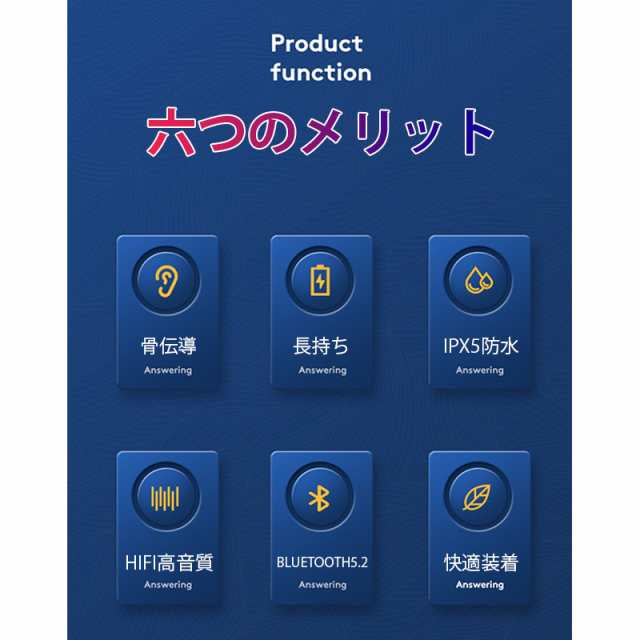 ワイヤレスイヤホン耳掛け型 bluetooth5.2 ワイヤレス インナーイヤー 瞬間接続 低遅延 高音質 s074C(ブルー)