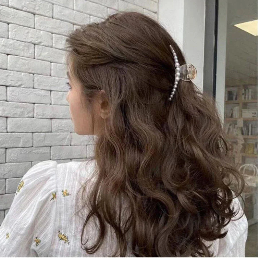 (ホワイト)ヘアクリップ 大粒パール バレッタ まとめ髪 髪飾り ヘアアクセサリー 髪留め ヘアアレンジ アクセント パール バンスクリップ