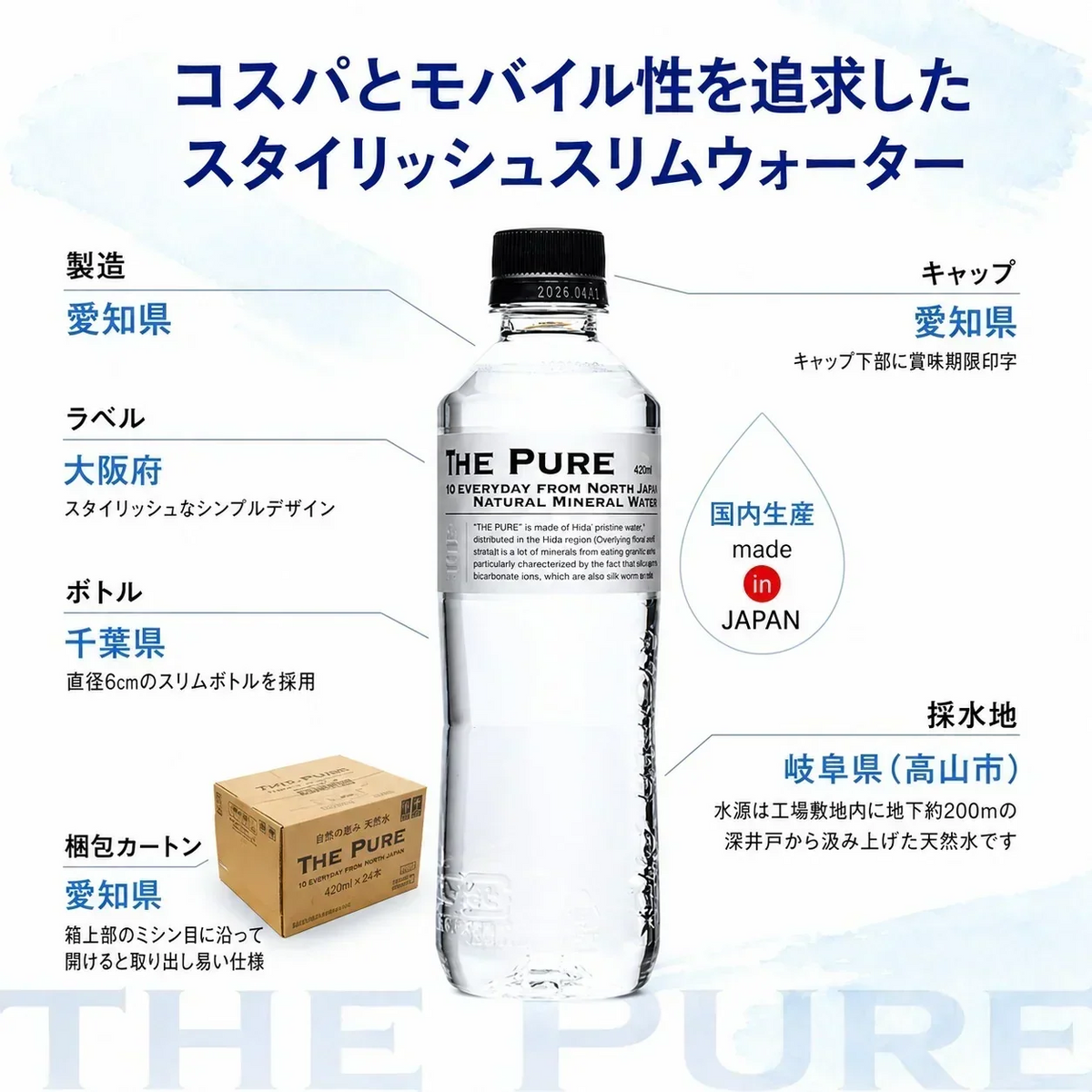 【ラベルレス】【1ケース】 THE PURE ザ ピュア 北アルプスの天然水 420ml 42本 天然水 水 ナチュラルミネラルウォーター 北アルプスの天然水 炭酸水素イオン アルプス 飛騨 高山 軟水 岐阜県 日本製 国産 ローリングストック 備蓄  pure【ご新規さん限定商品】