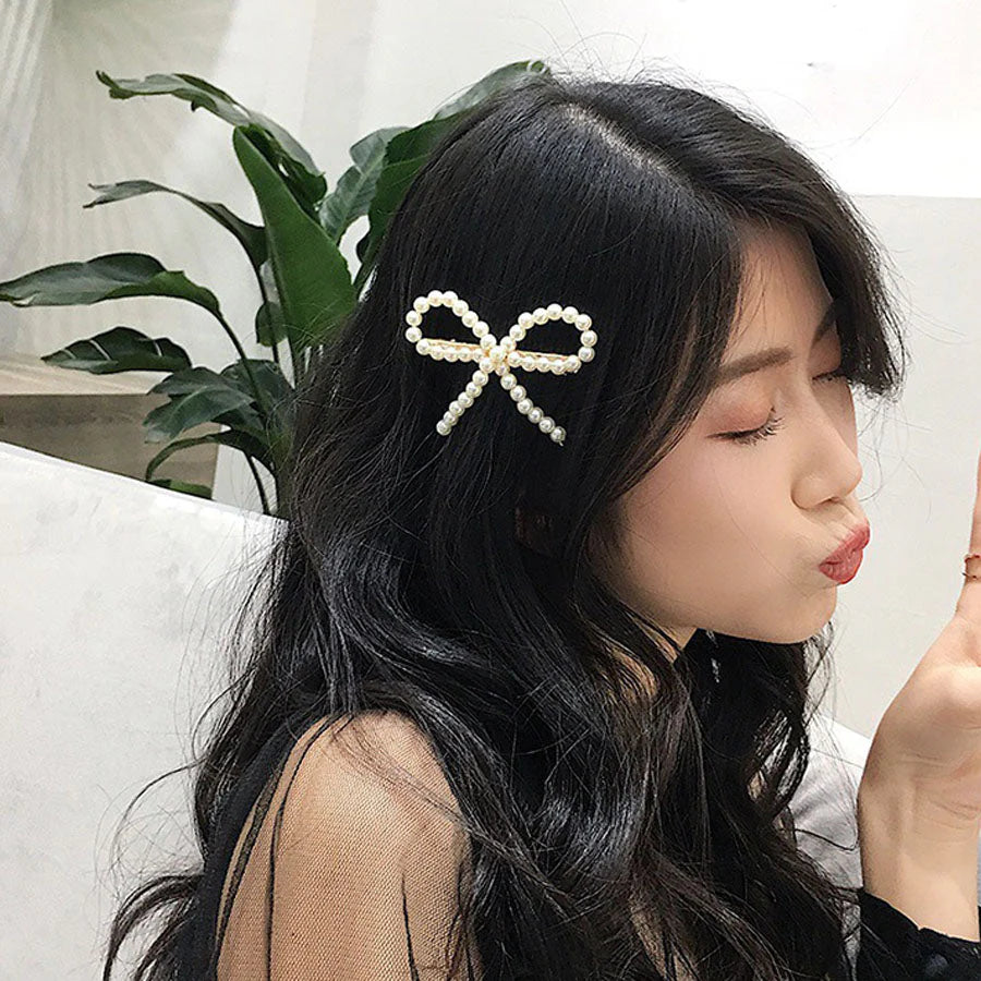 (ホワイト)ヘアピン リボン パールビーズヘアピン パッチン留め かわいい ヘアアクセサリー パールホワイト 子ども おしゃれ