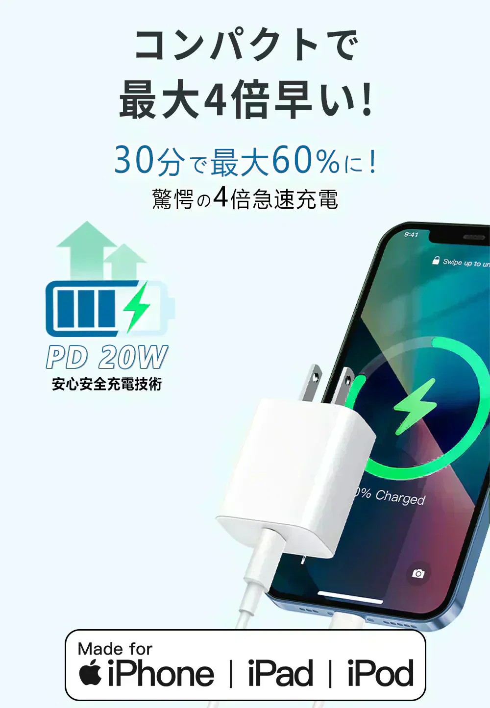 【爆安秒殺セール！】★30分で60％まで充電★温度管理機能付き iPhone 充電器 ACアダプター Type-C 充電器 typeC-typeCのケーブル付き タイプC充電器 純正 タイプc コンセント pd 充電器 20w PSE認証 急速充電 usb-c アダプター Android充電器 アイフォン充電器