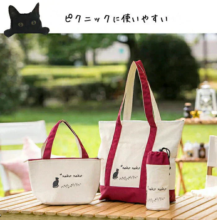 ねこねこ帆布 しっかりトートバッグ ファスナー付き◆ トートバッグ キャンバス お弁当 ランチ ピクニック エコバッグ 通勤 通学 買い物 お出かけ お散歩 レジャー 厚手 かわいい ネコ 猫 黒猫 アウトドア 猫の日 GW