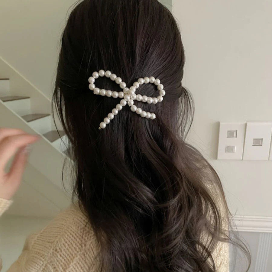 (ホワイト)ヘアピン リボン パールビーズヘアピン パッチン留め かわいい ヘアアクセサリー パールホワイト 子ども おしゃれ