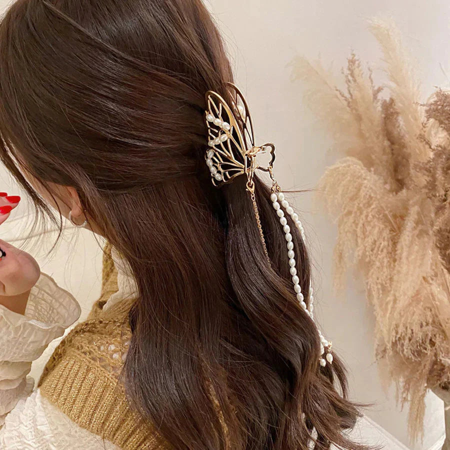 (A03)ヘアクリップ バンスクリップ パール 蝶 バレッタ おしゃれ シンプル ゴールド ヘアアクセサリー 髪飾り