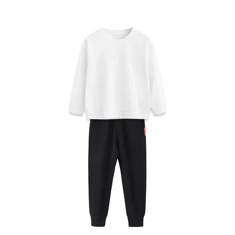 2点セット ブラック 130cm トレーナー1枚 と ズボン1枚 体育 体操服 子供 キッズ 白Tシャツ長袖 黒 グレー パンツ 秋 春 冬 通気性 運動会 イベント 男女兼用 ポップダンス
