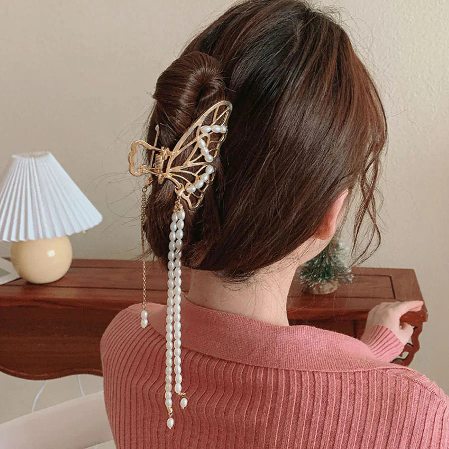 (A01)ヘアクリップ バンスクリップ パール 蝶 バレッタ おしゃれ シンプル ゴールド ヘアアクセサリー 髪飾り