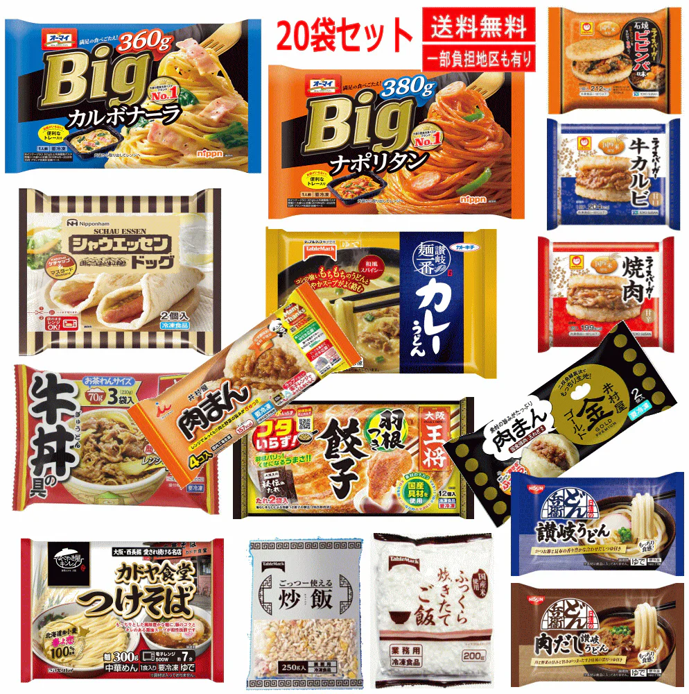 【新発売】 冷凍食品 決定版20袋 ニップン スパゲッティ ライスバーガー 大阪王将餃子 炒飯 ごはん 牛丼の具 シャウエッセン 井村屋肉まん キンレイカドヤ食堂のつけそば どん兵衛