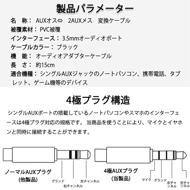 auxケーブル 3.5mmオス⇔ 3.5mmメス×2 赤緑ジャック AUXアダプタ 2股 1股 変換ケーブル 15cm スピーカーかイヤホンとマイク同時使用 楽器 スマホ Mac対応