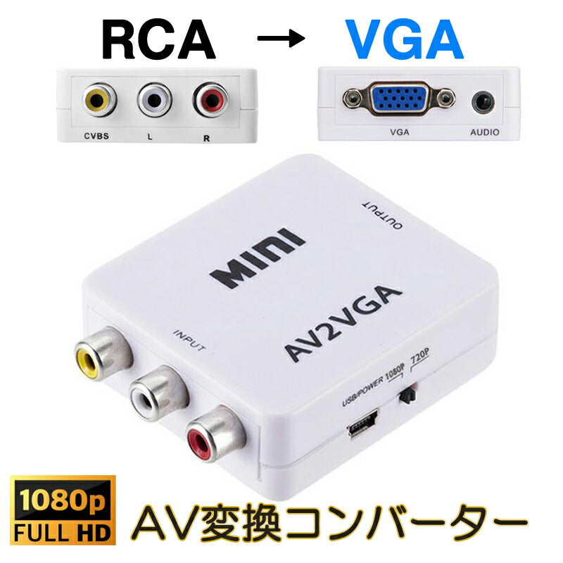 AV VGA 変換コンバーター 白色 RCAtoVGA D-sub 15ピンアダプター RCAアナログ変換 DVD 車載チューナー モニター接続 ビデオデッキ SFC出力 1080P