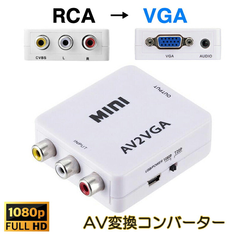 AV VGA 変換コンバーター 白色 RCAtoVGA D-sub 15ピンアダプター RCAアナログ変換 DVD 車載チューナー モニター接続 ビデオデッキ SFC出力 1080P