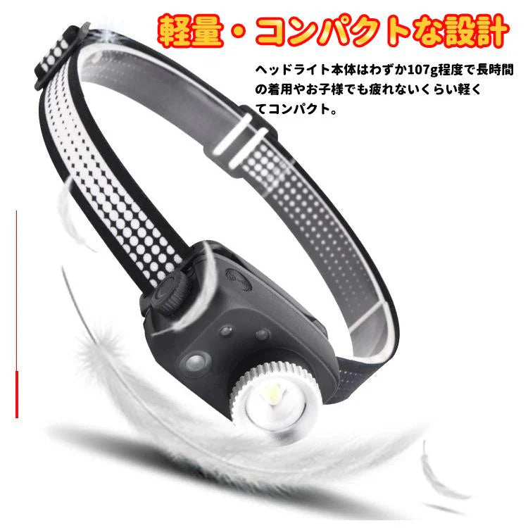 センサー付き　LEDヘッドライト USB充電式 人感センサー機能 長時間点灯　残量表示ランプ付き　 IPX45 釣りライト　防水 超軽量 防災 登山 キャップ 作業