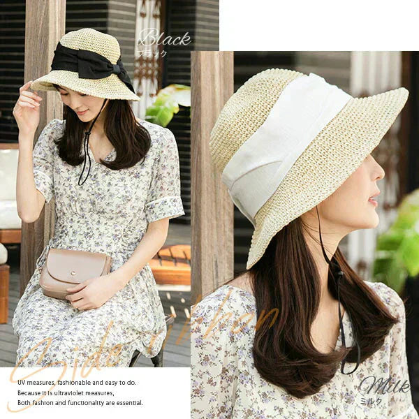 【フリー-ネイビー】【商品名：紐付き手編みストローHAT】