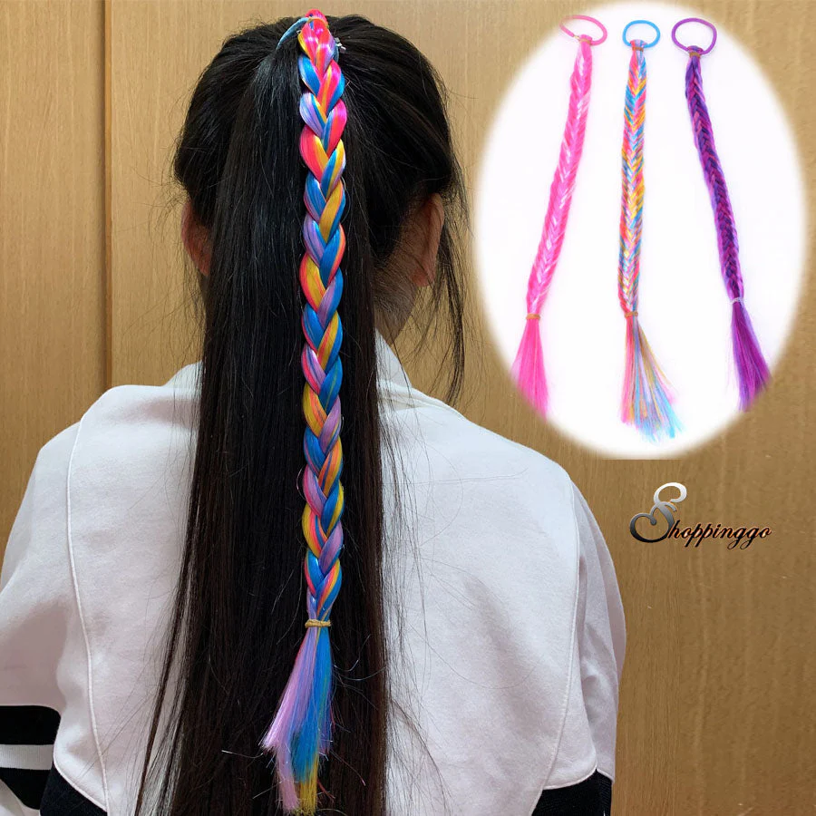 (ピンク01)ヘアアクセサリー エクステ ロング編み込みウィッグ 子供 キッズ ジュニア ダンス ウィッグ つけ毛 カラフル 毛束 ダンサー髪型