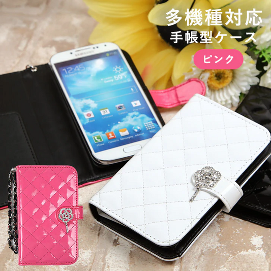 多機種対応 ガーリー光沢手帳型ケース（ピンク）[ ケース カード収納 背面 手帳型 iphone スマートフォン スマホ ダイアリータイプ ストラップ付 収納 多機種 マルチ かわいい おしゃれ ICカード ]