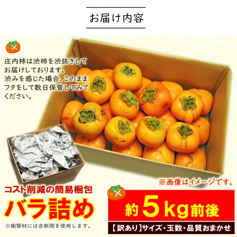 【11月上旬-下旬頃ご注文受付順次】訳あり庄内柿バラ詰め5kg前後　種なし柿を産地直送でお届け！ご家庭用にちょっと訳あり柿