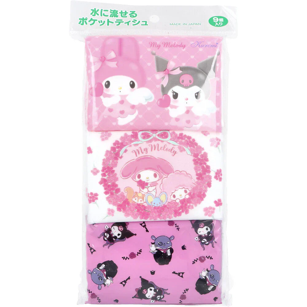 ハヤシ商事 水に流せるポケットティシュ マイメロディ＆クロミ 8組16枚 9個入り X14パック
