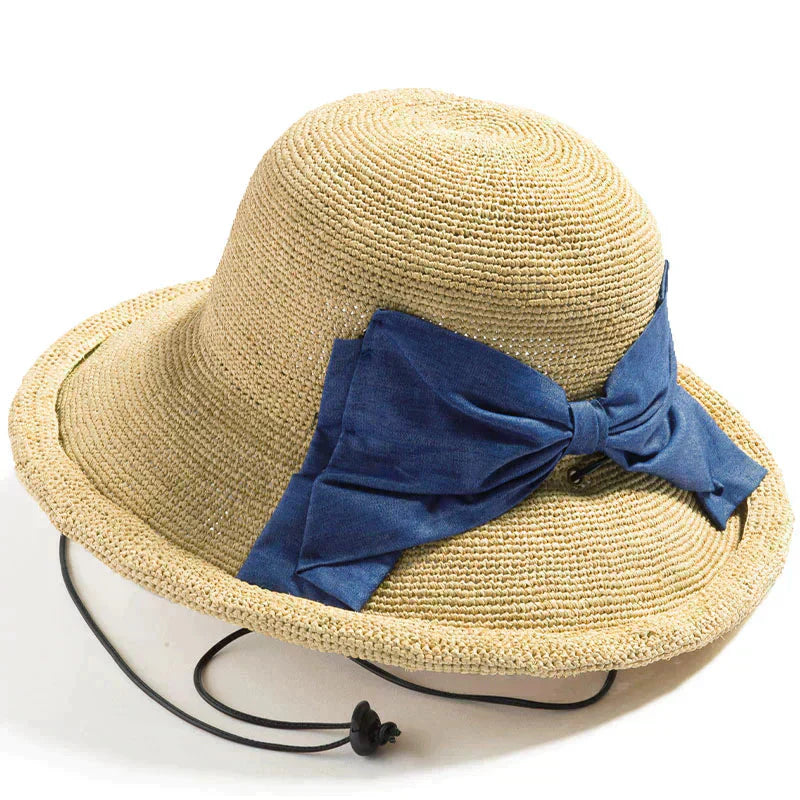 【フリー57.5-59.5cm-ナチュラルブルー】【商品名：紐付きリボンラフィアハット】