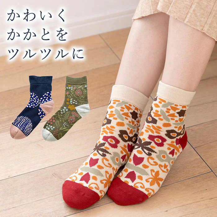 【幾何学柄（レッド）】かかとツルツルソックス かかとケア 靴下 レディース 角質ケア ひび割れ 乾燥対策 おしゃれ かわいい 花柄 日本製 / かかとツルツルソックス